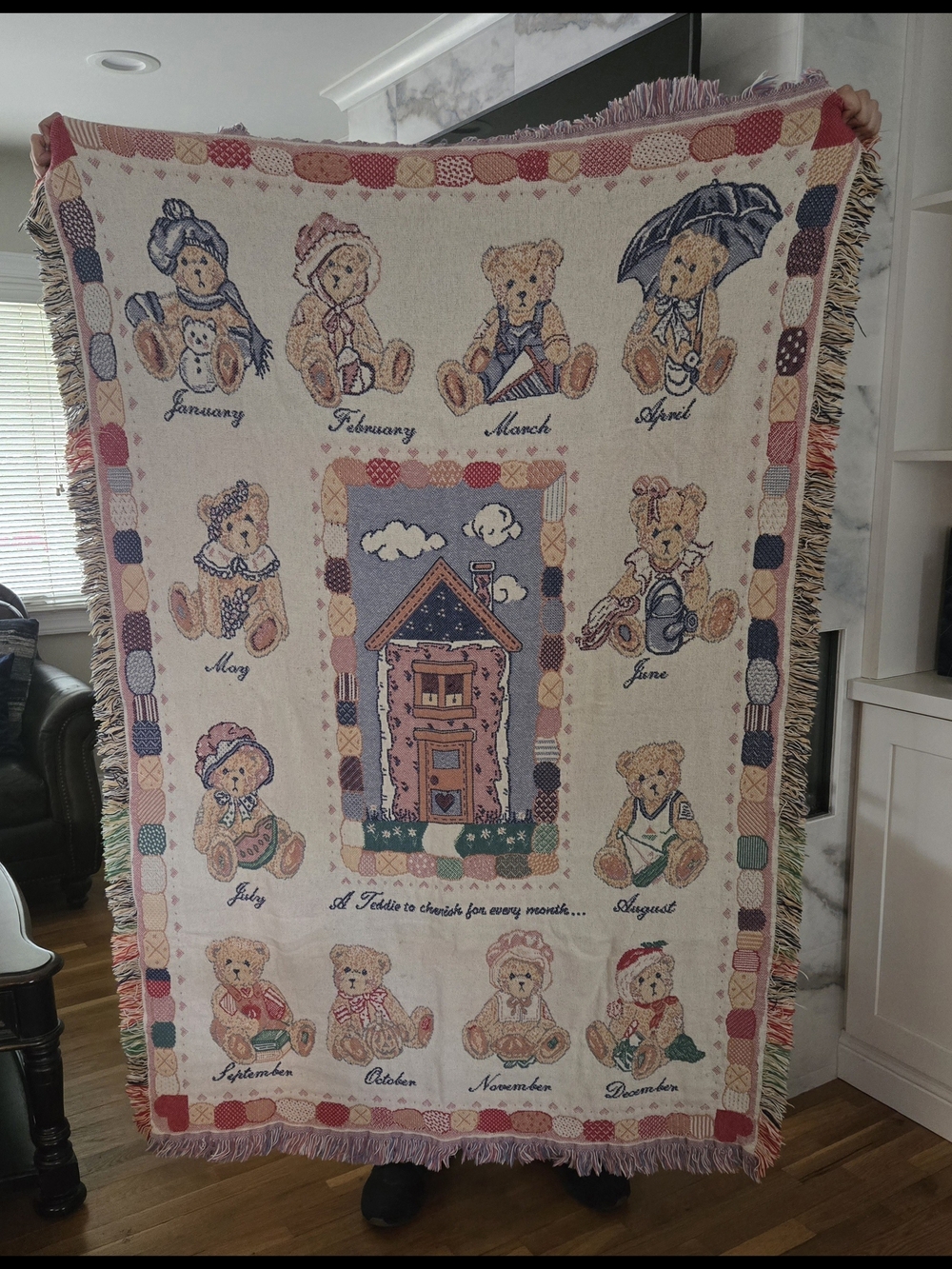 Teddy Bear Month Panel Woven Throw Blanket - Cream, Pink, Blue